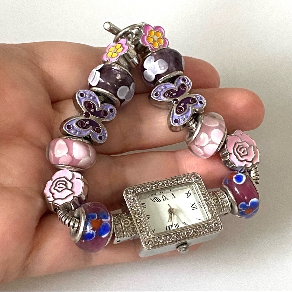 Watch European Style Glass Metal Beads Band Bracelet Spring For 7” Wrist